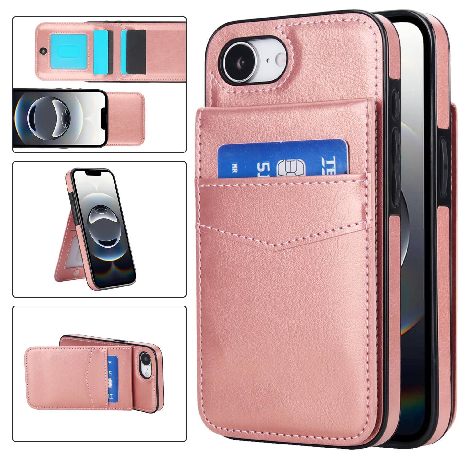 Dteck - Wallet Case for Apple iPhone 17e 2026 & iPhone 16e 2025,Shockproof PU Leather Card Holder Flip Stand Cover - Rosegold