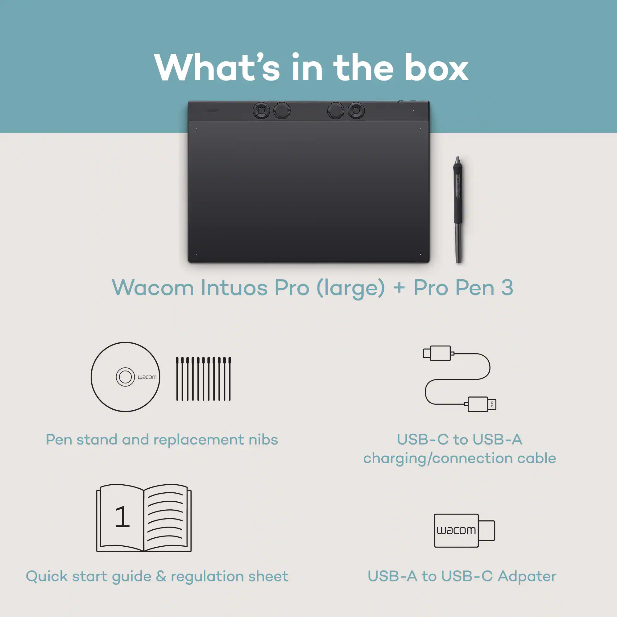 What's in the box: Wacom Intuos Pro (large) + Pro Pen 3 com Pen stand and replacement nibs USB-C to USB-A charging/connection cable 1 Wacom Quick start guide & regulation sheet USB-A to USB-C Adpater
