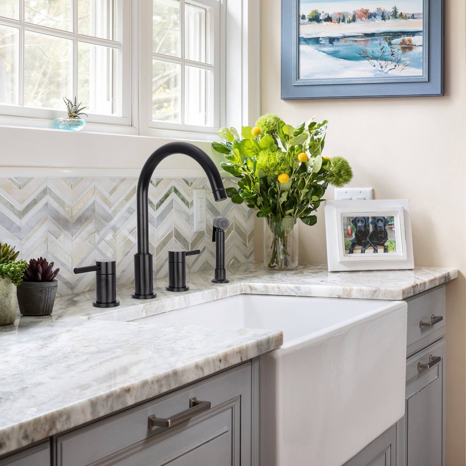 Alt View 3. Akicon - Akicon Solid Brass Double-Handle 360° Swivel Widespread Kitchen Faucet with Side Sprayer in Matte Black - Matte Black.