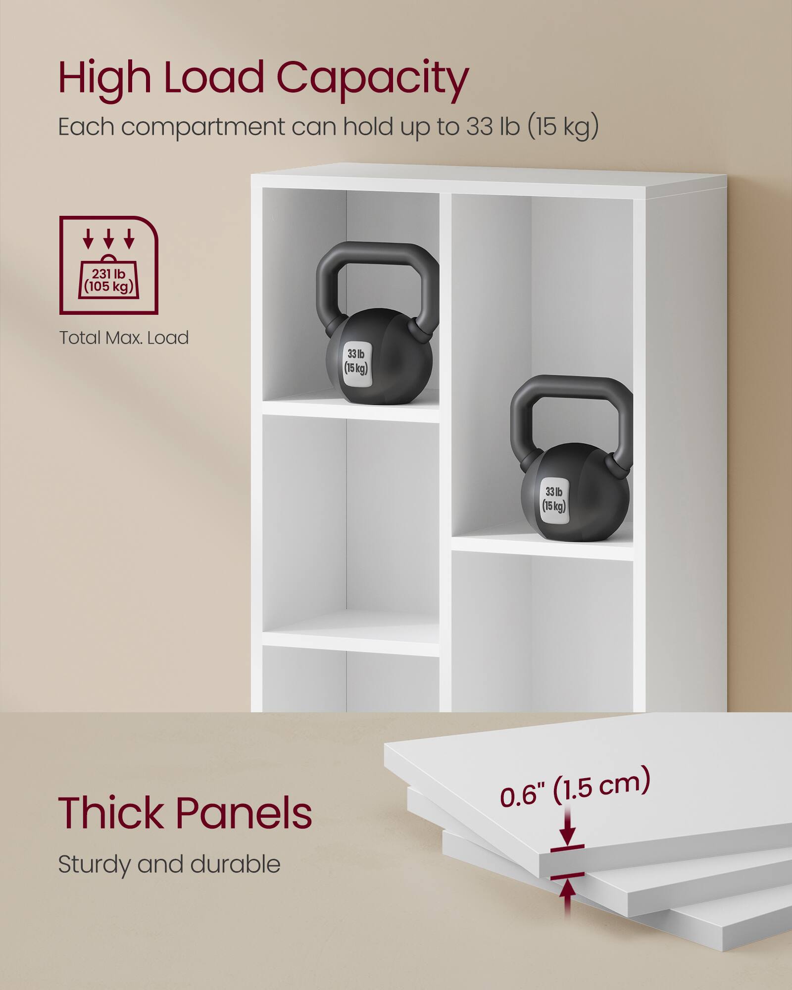 High Load Capacity  
Each compartment can hold up to 33 lb (15 kg)  
Total Max. Load 231 lb (105 kg)  

Thick Panels  
Sturdy and durable 0.6" (1.5 cm)