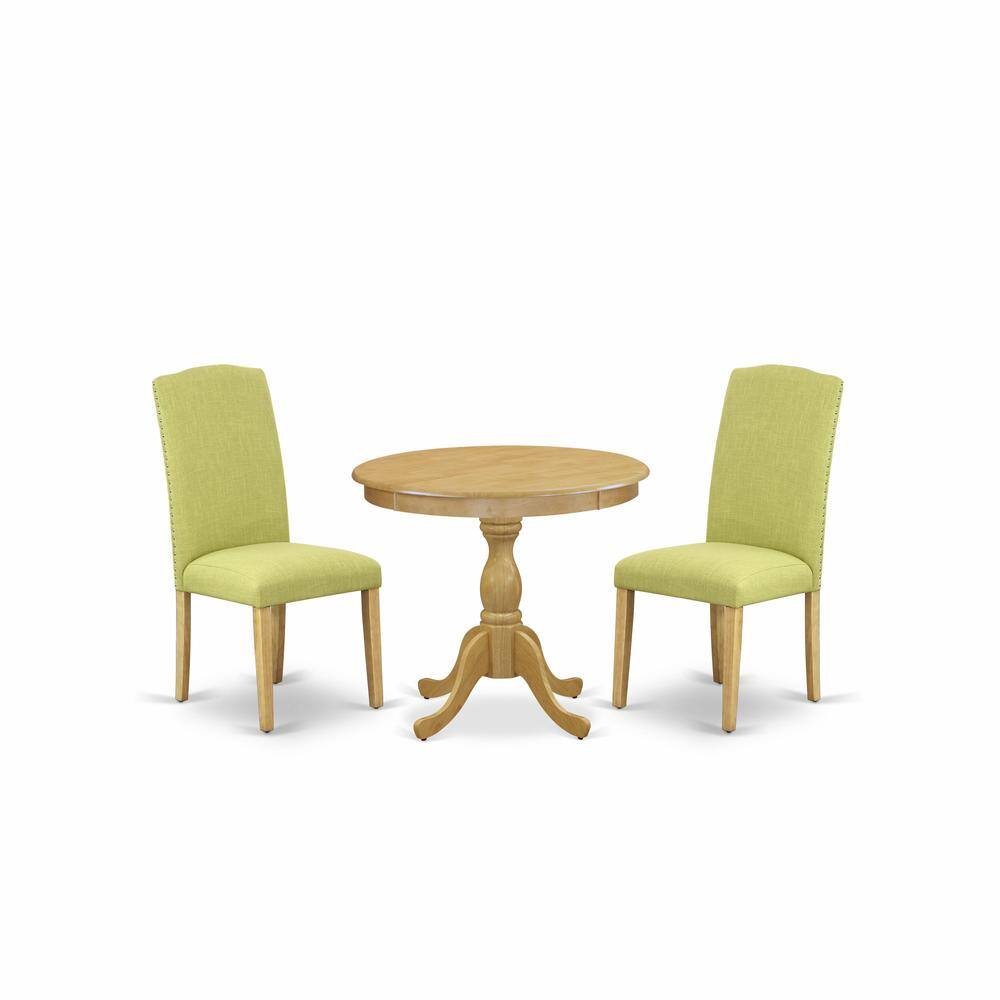 Alt View 3. East West Furniture - AMEN3-OAK-07 3 Piece DINETTE SET - 1 Dining Table and 2 Limelight Upholstered Dining Chairs - Oak Finish - Oak.