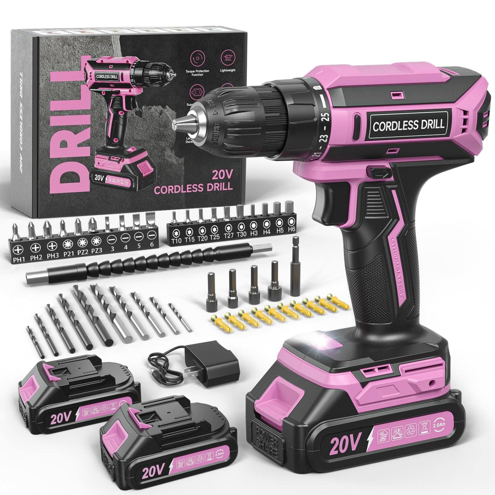 JETRANSPORT - Cordless Drill 20v Max Power Set With 2 3 8 Inch Keyless Chuck Variable Speed 25 1 Position And 56pcs Bits - Pink