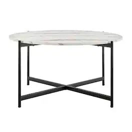 Danya B - Round Marble Finish Veneer Large Coffee Table - White Marble - White, Black