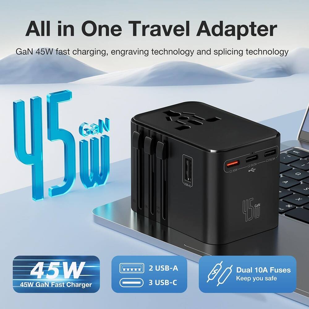 All in One Travel Adapter

GaN 45W fast charging, engraving technology and splicing technology

45W

45W GaN Fast Charger

2 USB-A
3 USB-C

Dual 10A Fuses
Keep you safe