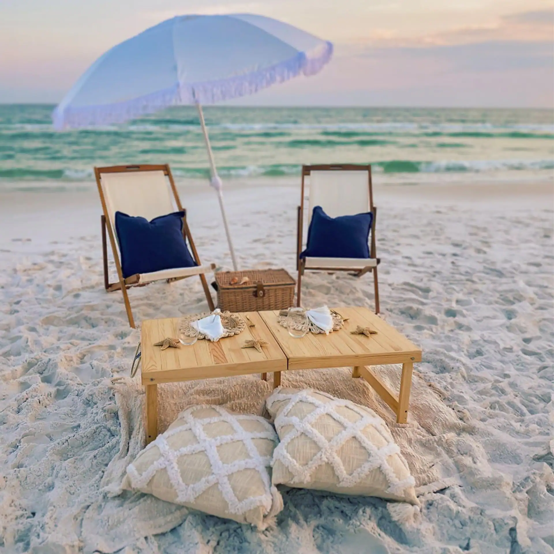 Left. JETRANSPORT - Foldable Beach Picnic Table - 3.5 Ft low Height Wooden Portable Boho Travel For Bbq Camping Party Tailgating - Default.