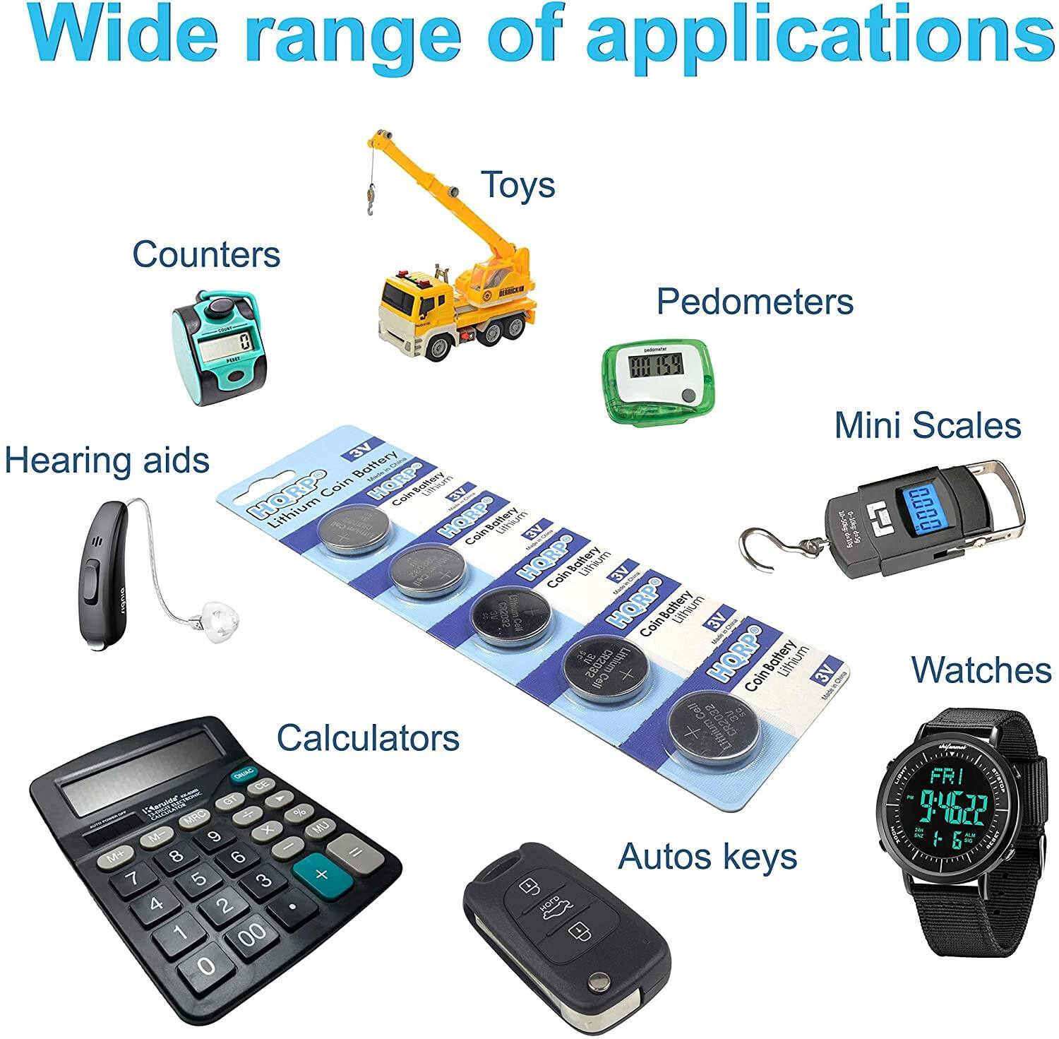 Wide range of applications  
Toys  
Counters  
Pedometers  
Mini Scales  
Hearing aids  
Watches  
Calculators  
Autos keys