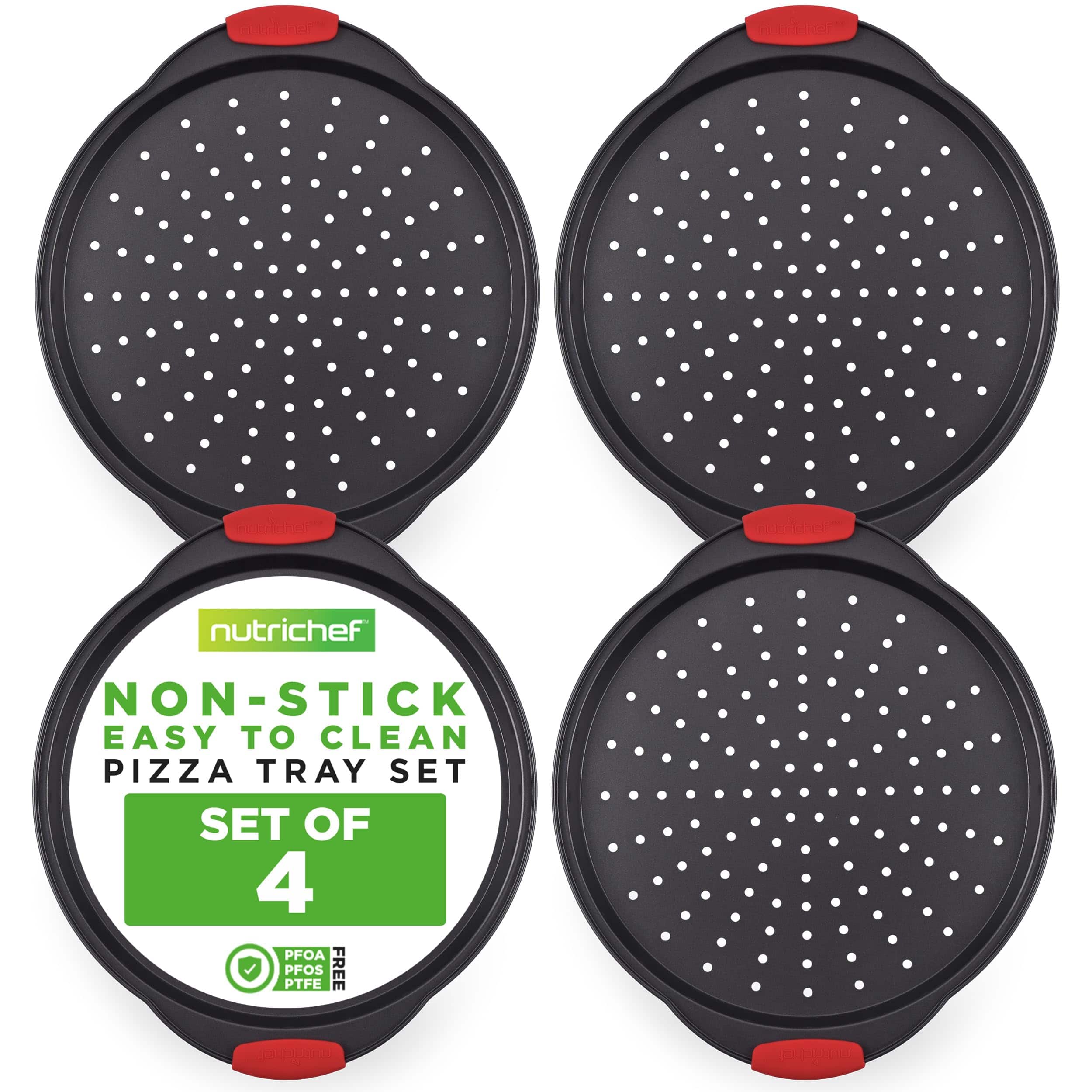 NutriChef - NCBPIZ1X4 Non-Stick Pizza Tray with Silicone Handles, 4-Pack, Perforated Steel Pans, Dishwasher Safe - Black, Red