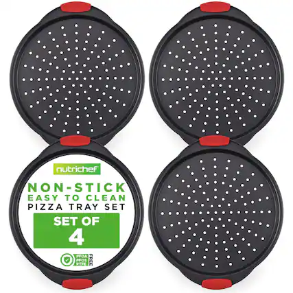 Nutrichef Non-Stick Easy to Clean Pizza Tray Set, Set of 4, PFOA, PFOS, PTFE Free