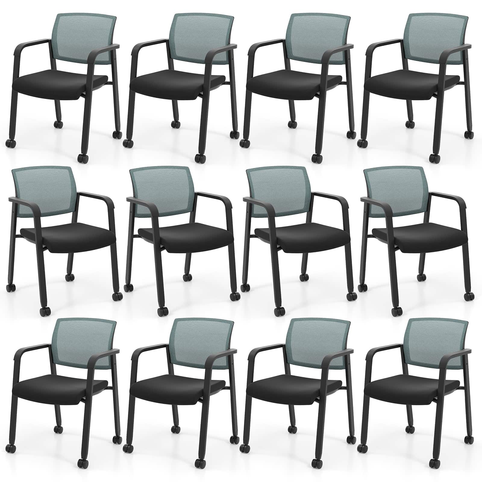 Gymax - 12 PCSC Conference Chairs Stackable Office Guest Mesh Chair Waiting Room Wheels - Gray