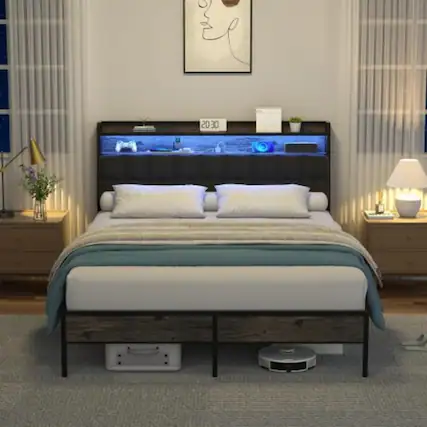 Front. LUCKY ONE - Queen Size Bed Frame with Ergonomic Headboard, RGB LED Lights, USB Charging Station, 12in Under-Bed Storage - Black.