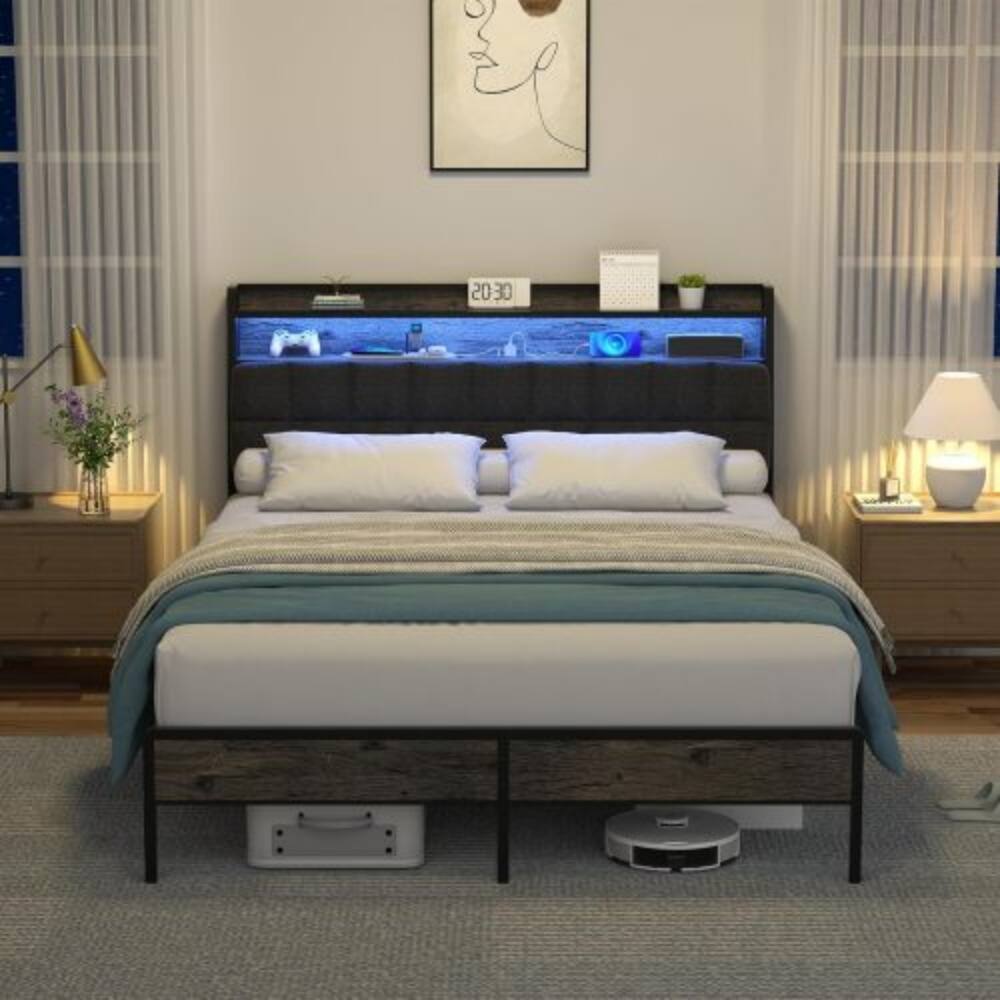 Front. LUCKY ONE - Queen Size Bed Frame with Ergonomic Headboard, RGB LED Lights, USB Charging Station, 12in Under-Bed Storage - Black.