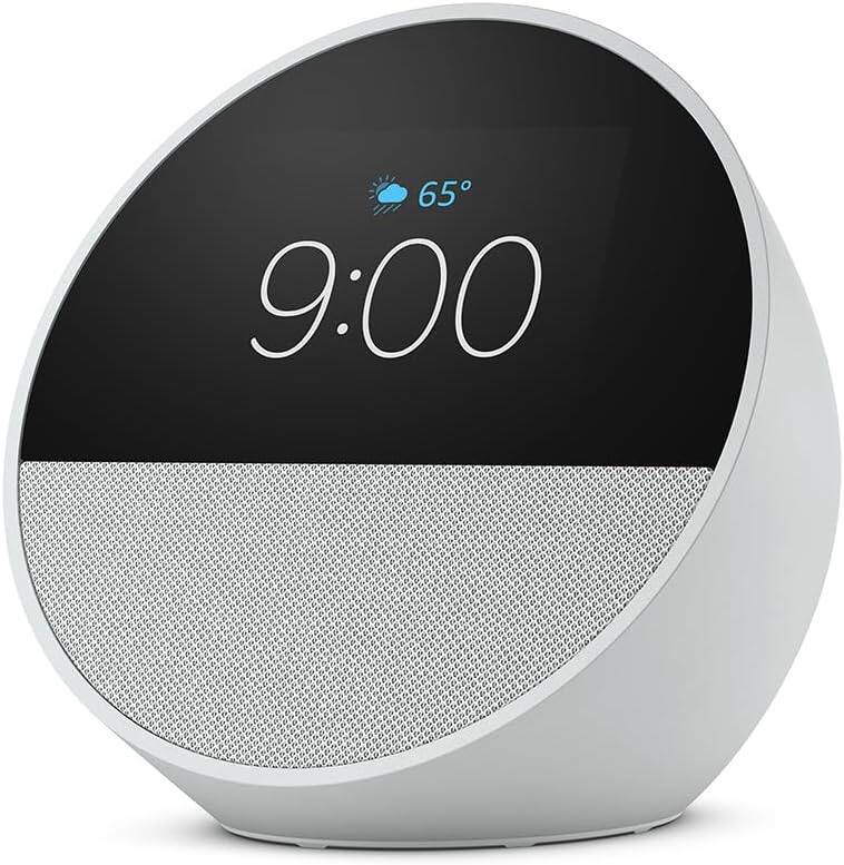 Alt View 2. Amazon - Echo Spot (2024) Smart alarm clock w/ vibrant sound and Alexa -White + Screen Cleaning Kit - White.