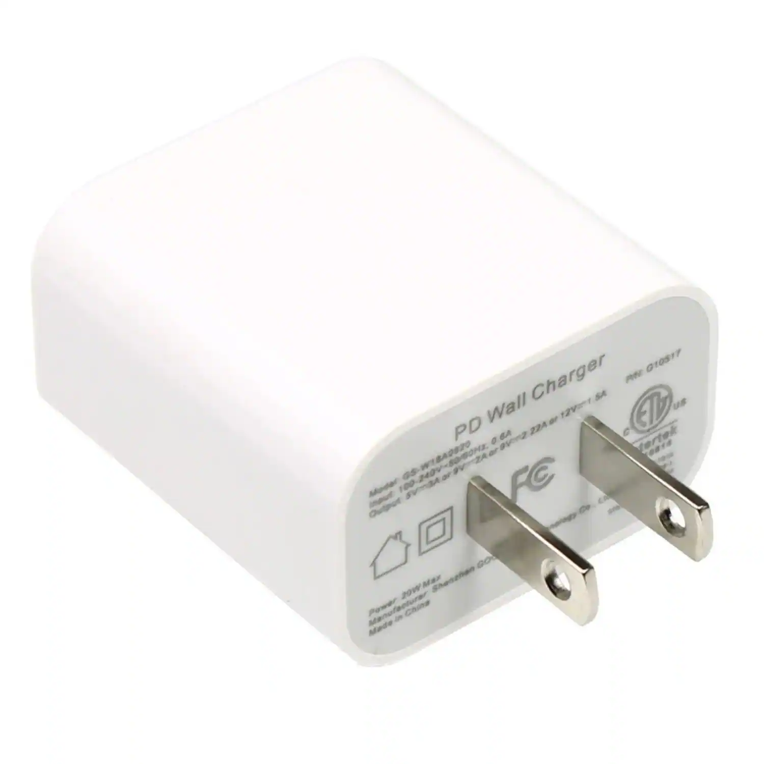 PD Wall Charger  
Model: G10517  
Input: 100-240V~50/60Hz 0.6A  
Output: 5V=2.4A or 9V=2.22A or 12V=1.5A  
FC  
Made in China  
Shenzhen Power Manufacturer  
China