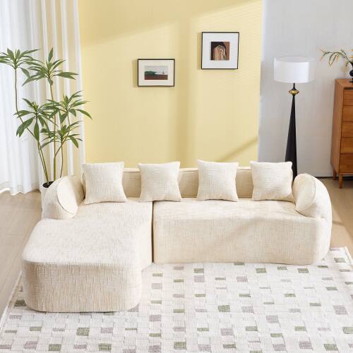 Angle. Anysun - Chenille L-Shape Compressed Sofa - High-Elastic Sponge, Curved Armrests & 4 Throw Pillows for Living Room - Beige.