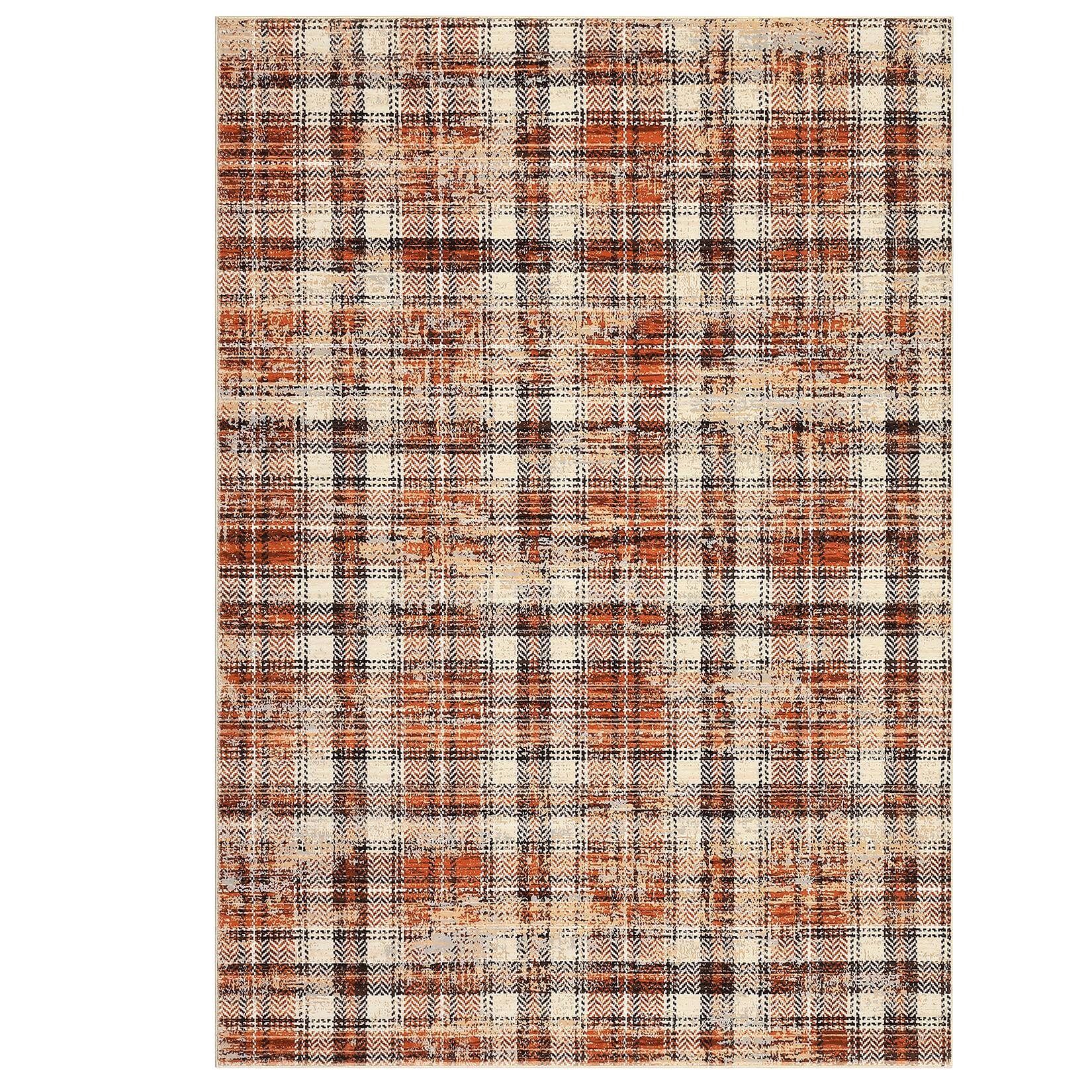 Front. GAOMON - Modern Irregular Grid Area Rug Non Slip Foldable Vacuum Clean Ultra Thin Stain Resistant Carpet for Dining Room Bedroom - Orange Brown.