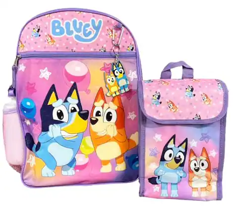 Front. Vulpecula Spade - Bluey Backpack Set 5 Piece Bookbag and Snack Tote Matching Accessories for Back to School with Water Bottle - Blue Backpack.