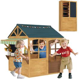Qaba - Foldable Outdoor Playhouse, Wooden , Windows, Working Door, Snack Bars, Waterproof Covers, Kids 3-8 Years