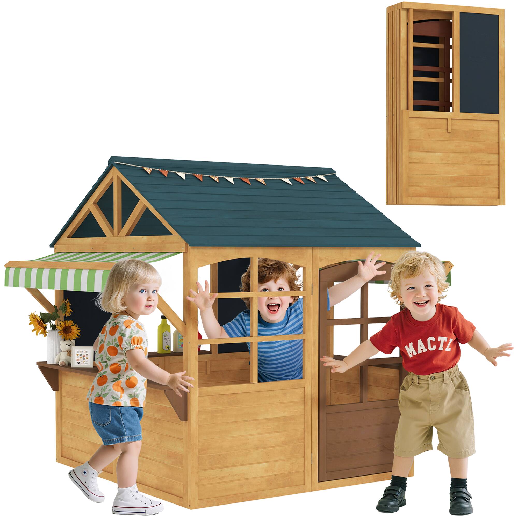 Front. Qaba - Foldable Outdoor Playhouse, Wooden , Windows, Working Door, Snack Bars, Waterproof Covers, Kids 3-8 Years.
