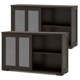 Costway - 2-Door Stackable Buffet Sideboard Set of 2 with Sliding Tempered Glass Doors - Coffee