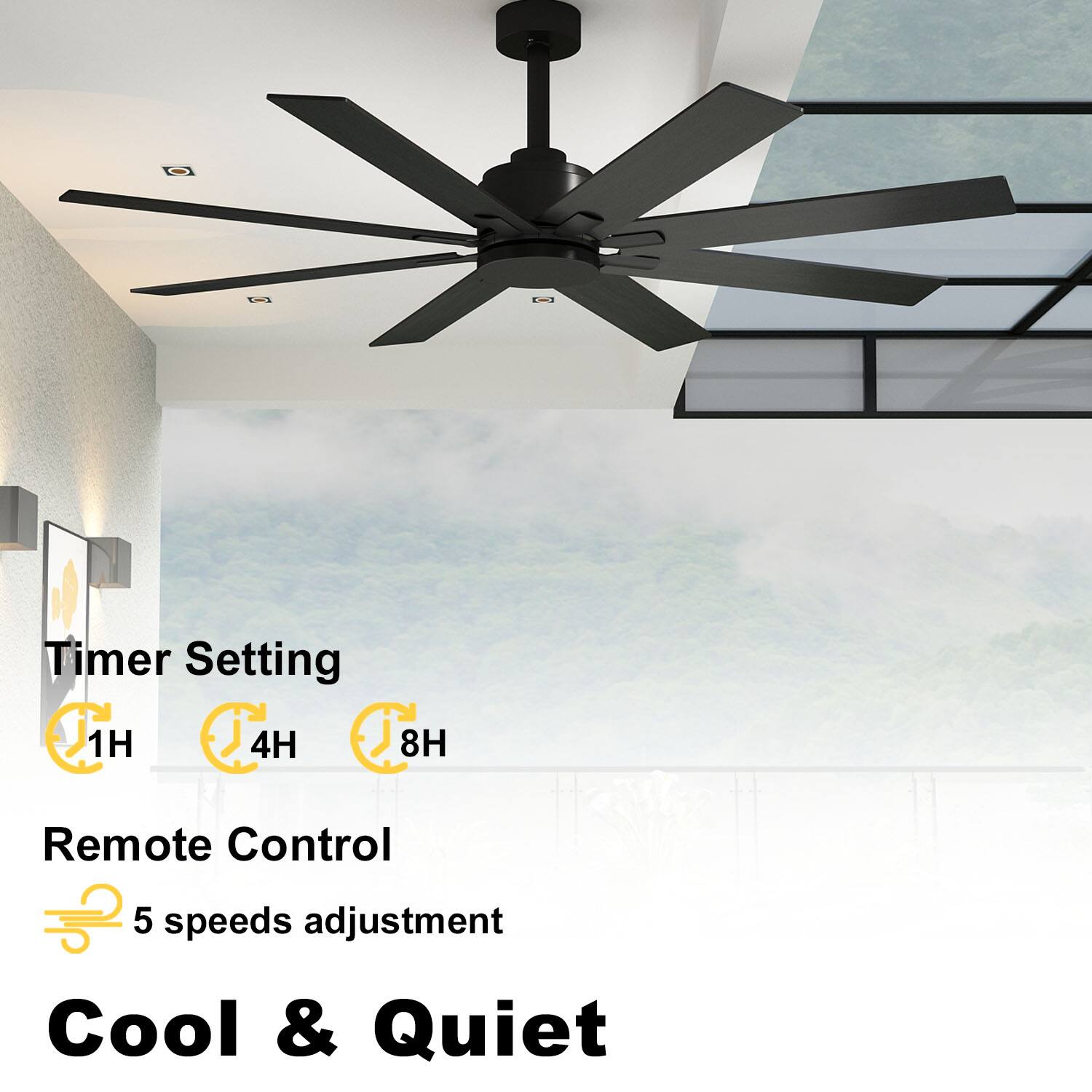 Timer Setting 1H 4H 8H, Remote Control 5 speeds adjustment, Cool & Quiet