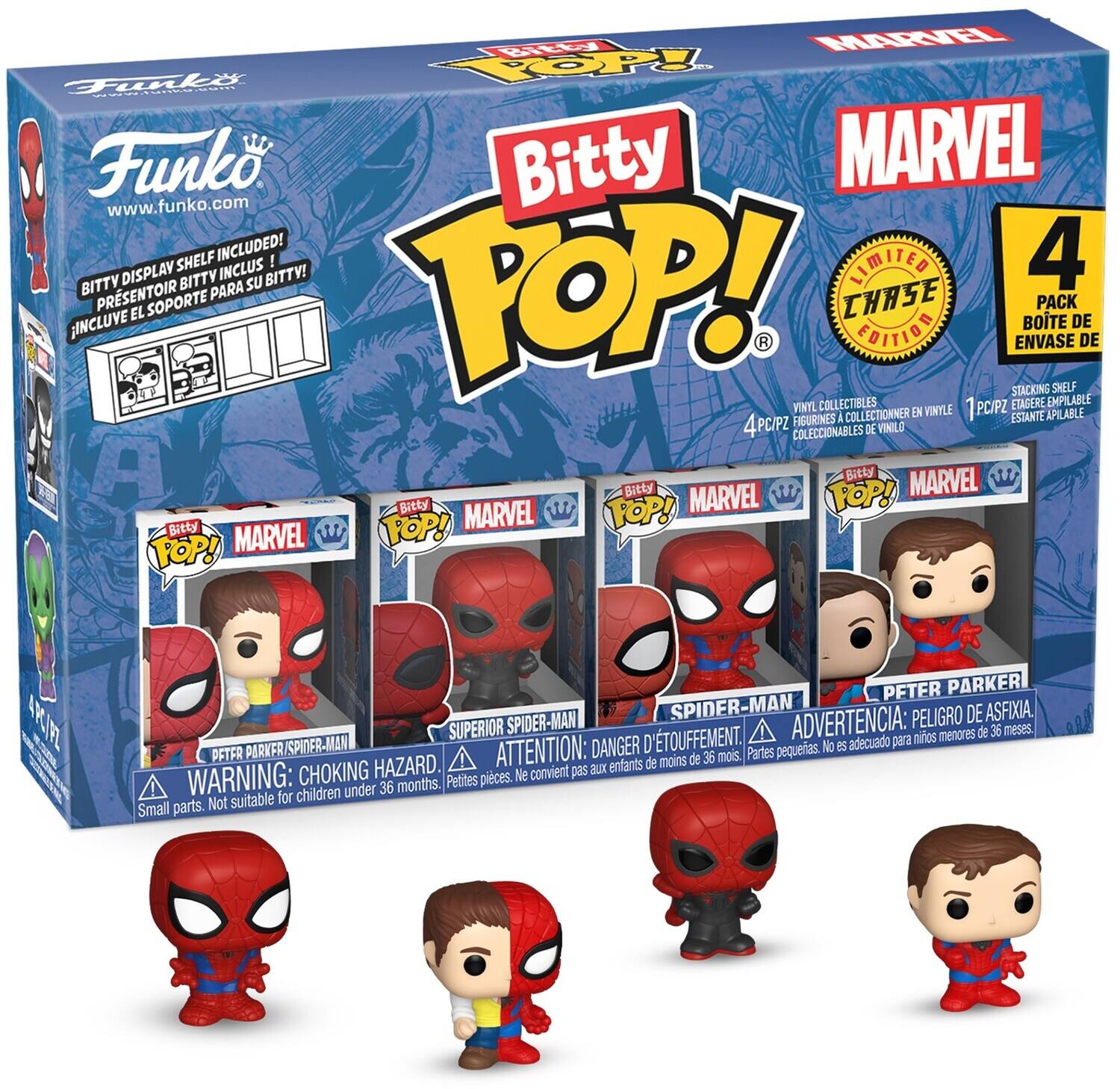 Funko, www.funko.com, Bitsy, MARVEL, SHELF INCLUDED!, 4 BITTY DISPLAY, Bitty INCLUS SU BITTY!, TOP!, LIMITED, PRSENTOIR PARA CHASE, BOTE DE ENVASE, STACKING SHELF, VINYL COLLECTIBLES, PC/PZ, ETAGERE EMPILABLE, COLLECTIONNER EN VINYLE, ESTANTE APILABLE, FIGURINES, I 4PC/PZ COLECCIONABLES D VINILO, Bitty MARVEL, Bitty MARVEL, FOP!, Bitty MARVEL, POP!, Bitty MARVEL, FOP!, FOP!, ARIFZ, PFTER PARKER SPIDER-MAN, ADVERTENCIA: PELIGRO DE ASFIXIA, SUPERIOR SPIDER-MAN, menores de 36 meses, adecuado para nios, PETER PARKER, SPINER-M, ATTENTION: DANGER, mois, Partes pequerias, No eS de moins de 36, CHOKING HAZARD, WARNING: Petites pices, Small parts, Not suitable for children, under 36 months.
