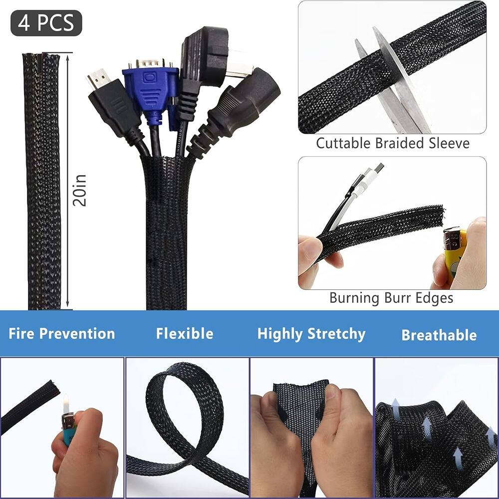 4 PCS Cuttable Braided Sleeve 20in  
Fire Prevention  
Flexible  
Highly Stretchy  
Breathable  
Burning Burr Edges