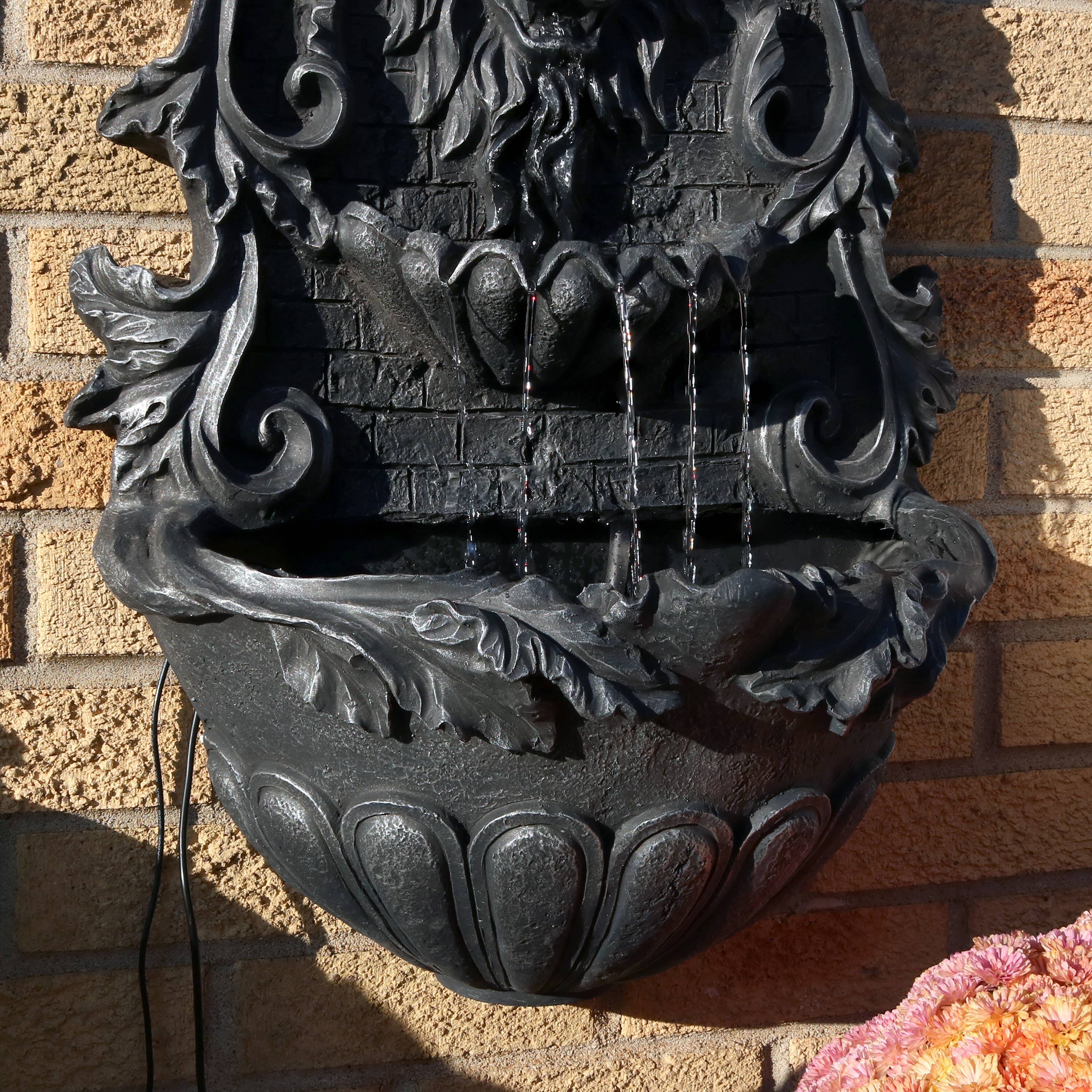 Alt View 3. Sunnydaze - Stoic Courage Lion Head Polyresin Outdoor Solar Wall Fountain - Grey.