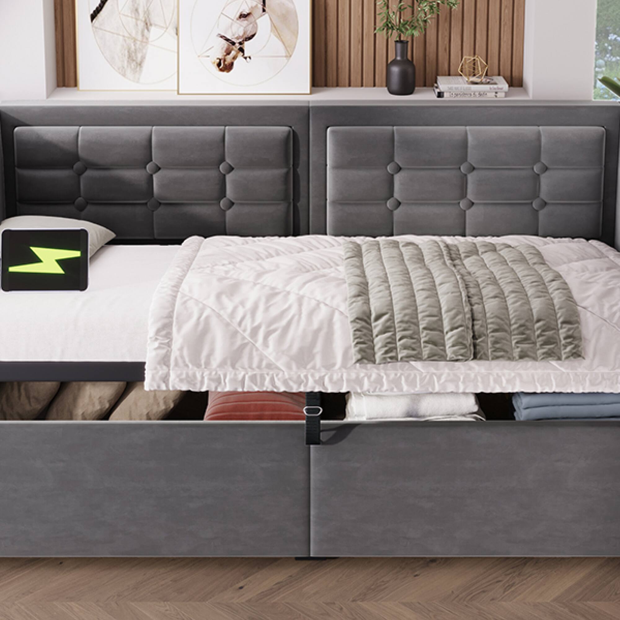 Angle. GOODSILO - Upholstered Twin Size Daybed with Hydraulic Storage and USB Charging, Tufted Sofa Back Design - Gray.