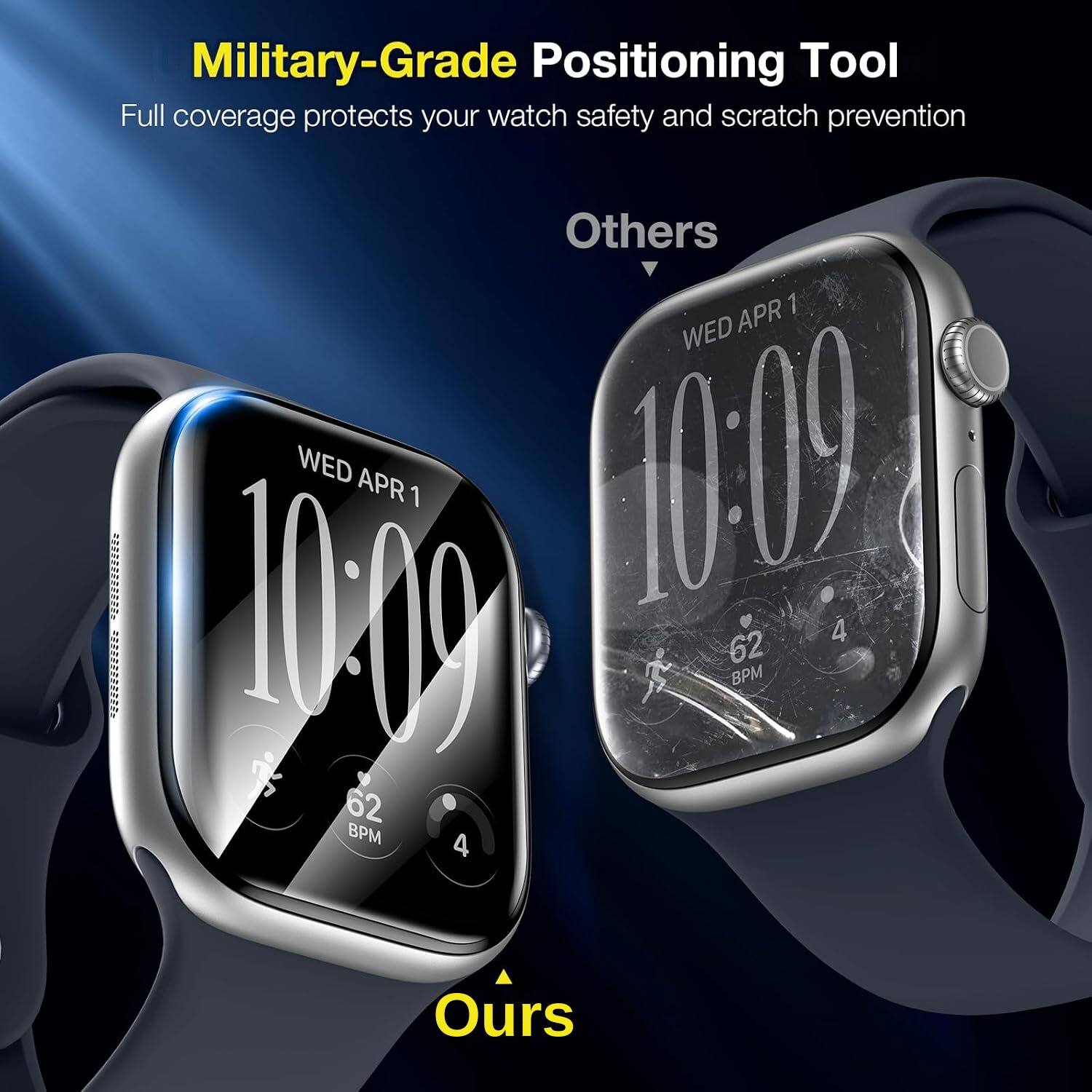 Military-Grade Positioning Tool  
Full coverage protects your watch safety and scratch prevention  

Others  
WED APR 1  
10:09  
62 BPM  
4  

Ours  
WED APR 1  
10:09  
62 BPM  
4