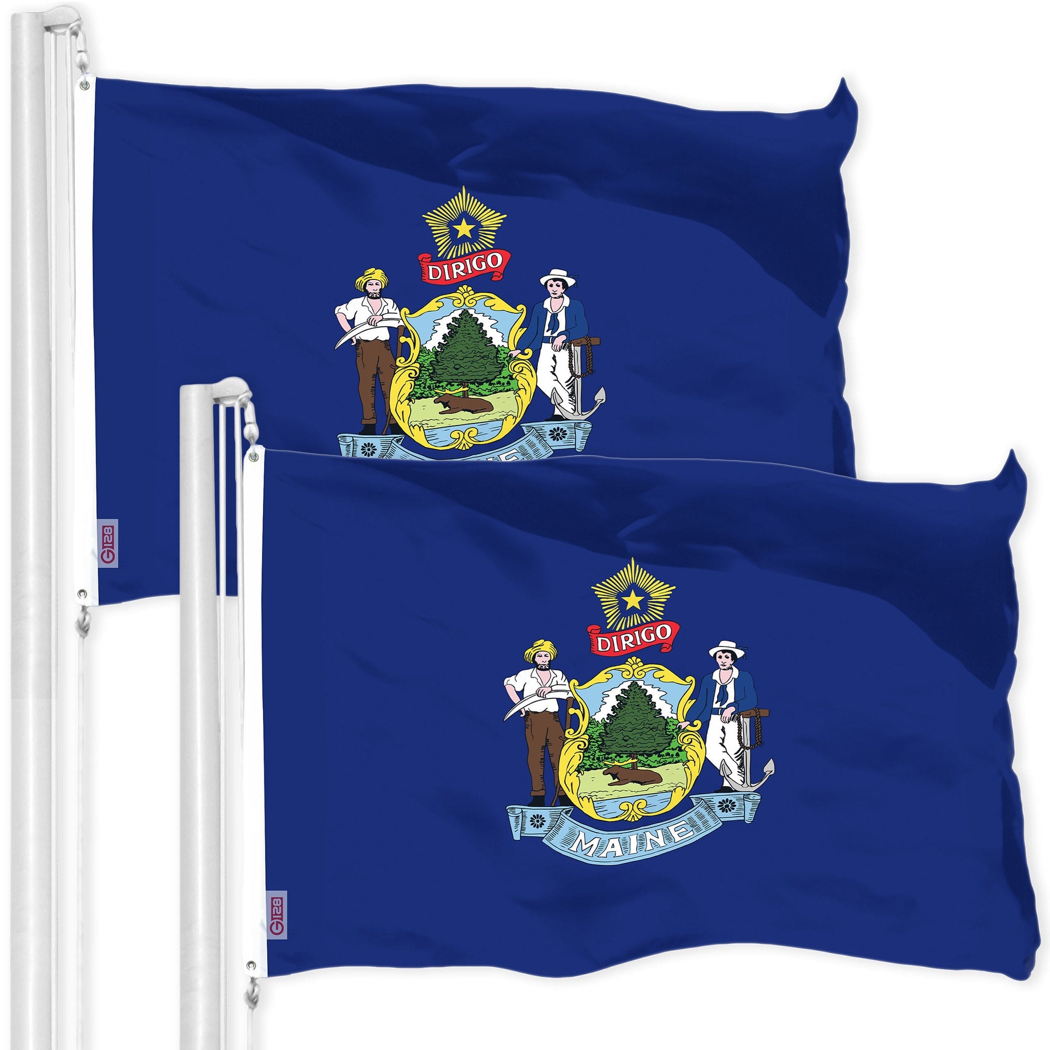G128 - 2-Pack Maine State Flag, 3 x 5 ft Printed 300D Polyester with Brass Grommets, Indoor/Outdoor - Assorted Colors