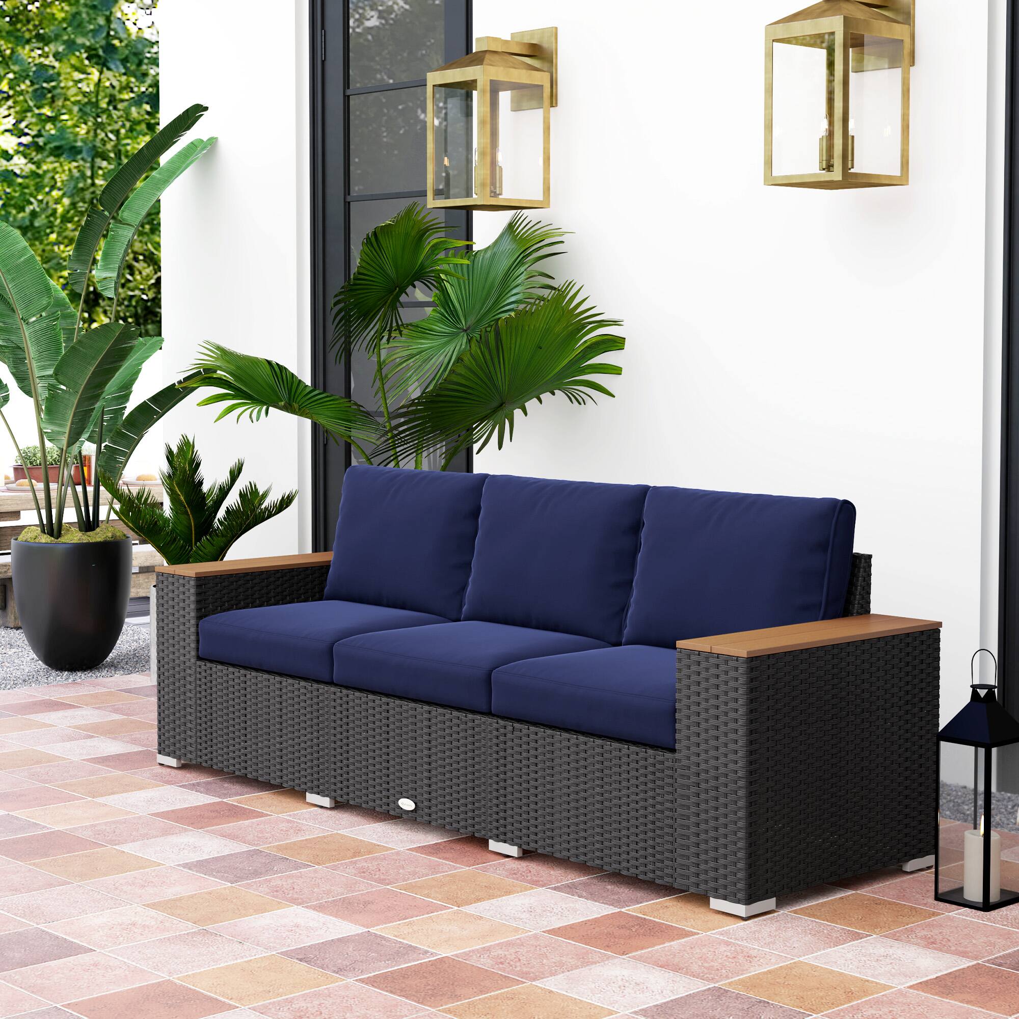 Alt View 1. Outsunny - 3-Seat Outdoor Patio Sofa with Cushions, PE Rattan Wicker Sofa with Wood Grain Wide Armrests, Outdoor Wicker Couch - Navy Blue.