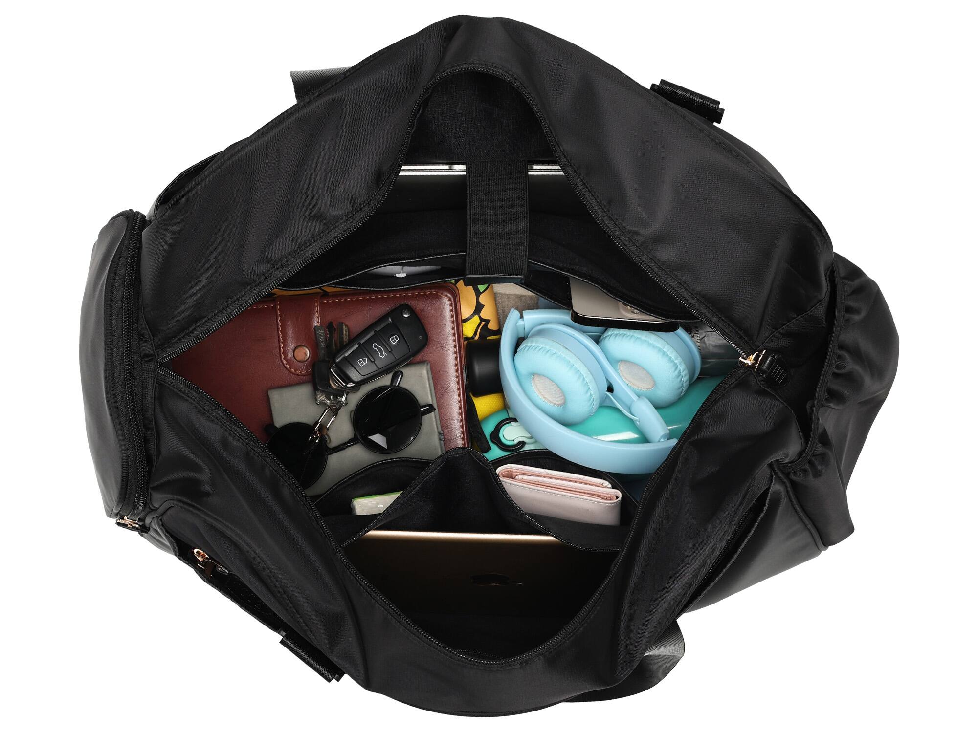 Left. Elle - ELLE Wayfarer 40L Monogram Weekender Duffel Bag | Black - Black.