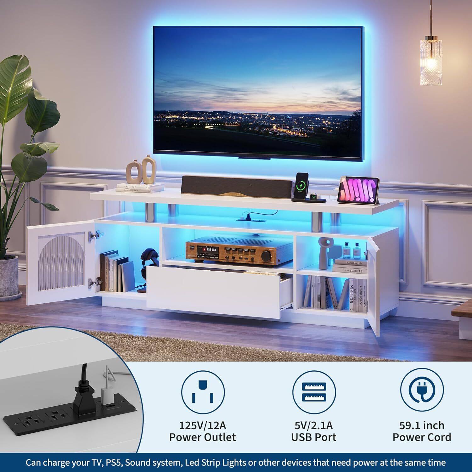 - 125V/12A Power Outlet
- 5V/2.1A USB Port
- 59.1 inch Power Cord

Can charge your TV, PS5, Sound system, Led Strip Lights or other devices that need power at the same time