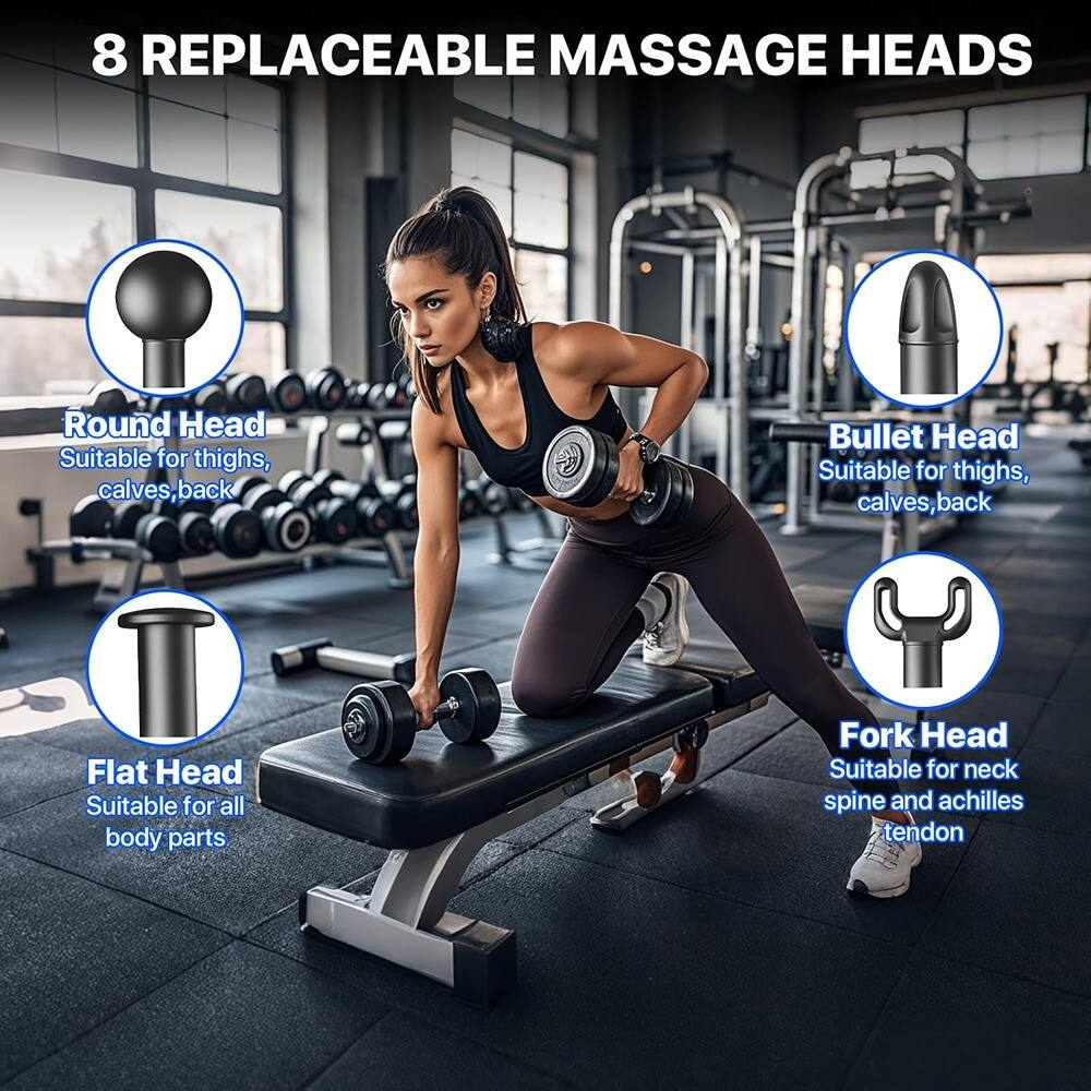 8 REPLACEABLE MASSAGE HEADS

- Round Head
  Suitable for thighs, calves, back

- Bullet Head
  Suitable for thighs, calves, back

- Flat Head
  Suitable for all body parts

- Fork Head
  Suitable for neck, spine and achilles tendon