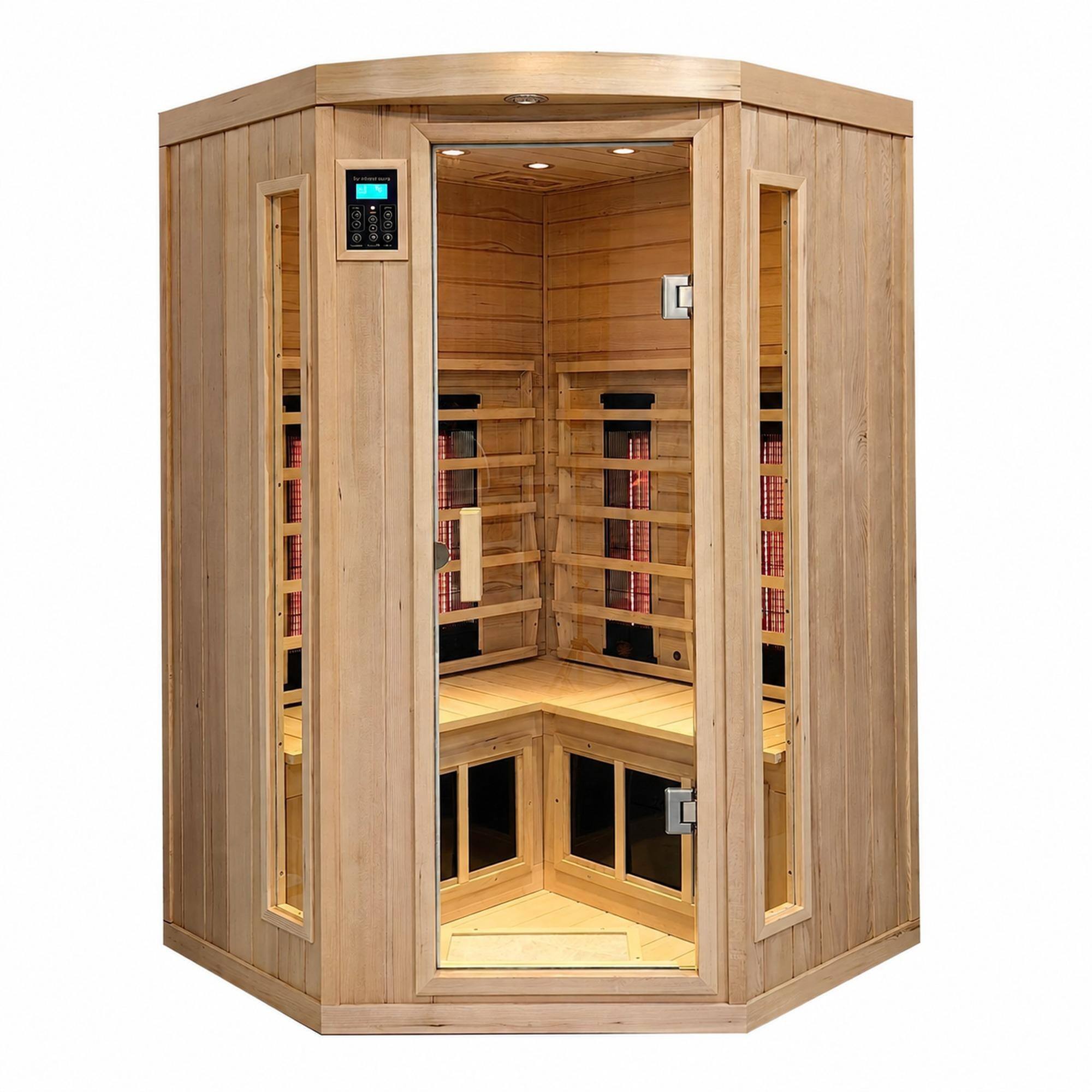 Front. RYHNUYNE - Hemlock Pentagonal Corner Sauna, 2-3 Person Capacity, Double Glass Doors, Carbon Crystal Heating, Indoor Infrared - Natural.