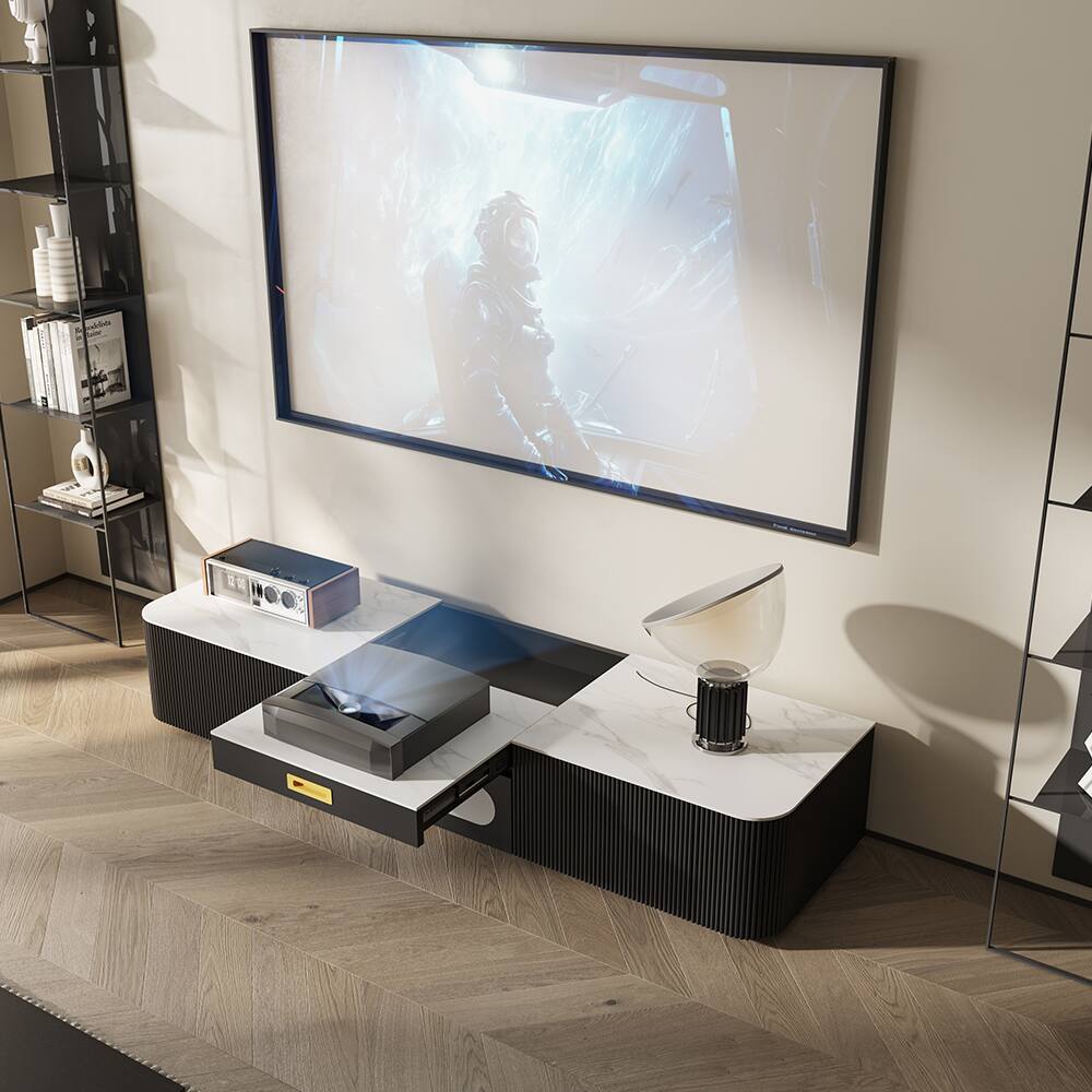 Alt View 6. POVISON - 63" Modern TV Stand for Projector Sintered Stone TV Cabinet with Drawers for Home Theater, Black & White - White & Black.