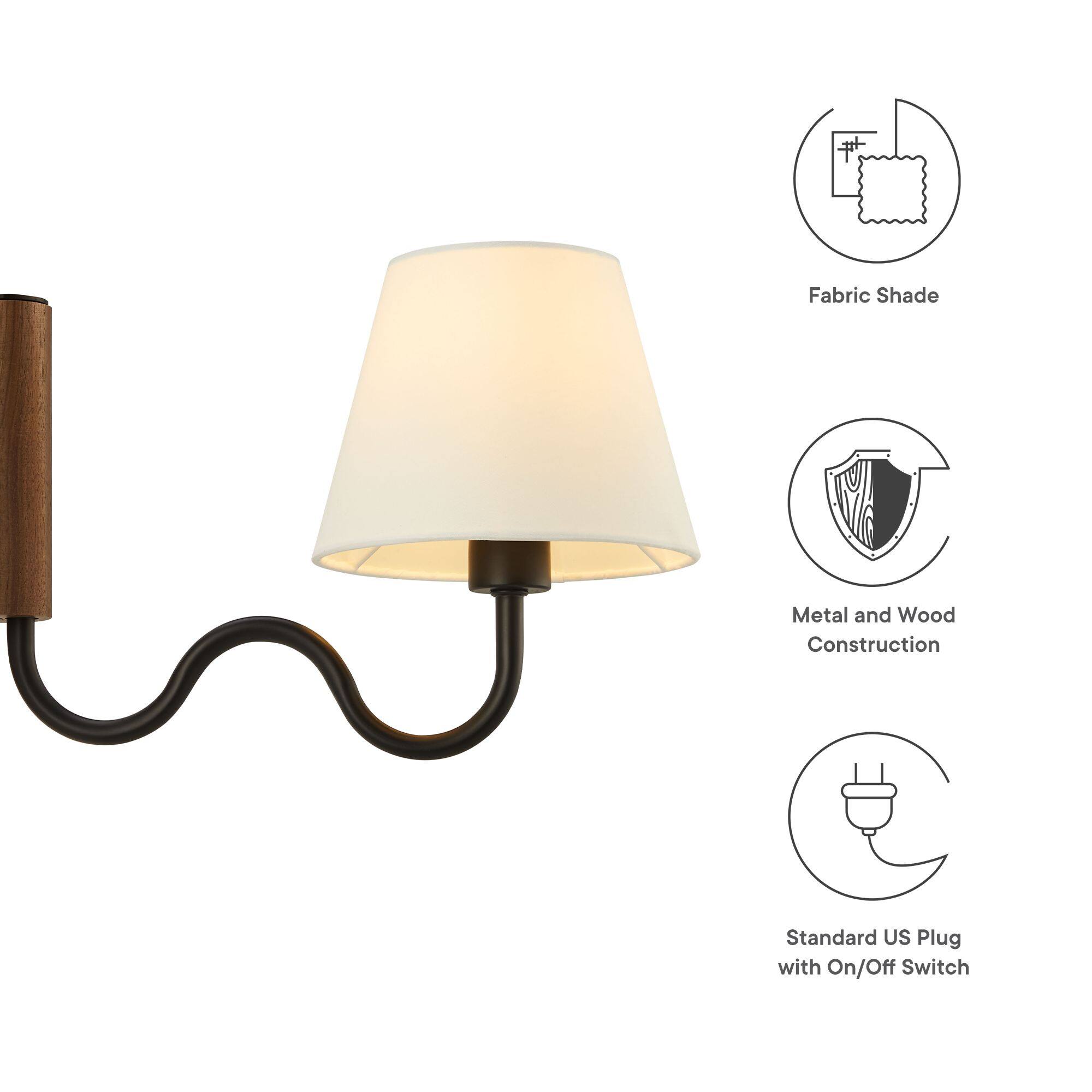 - Fabric Shade
- Metal and Wood Construction
- Standard US Plug with On/Off Switch
