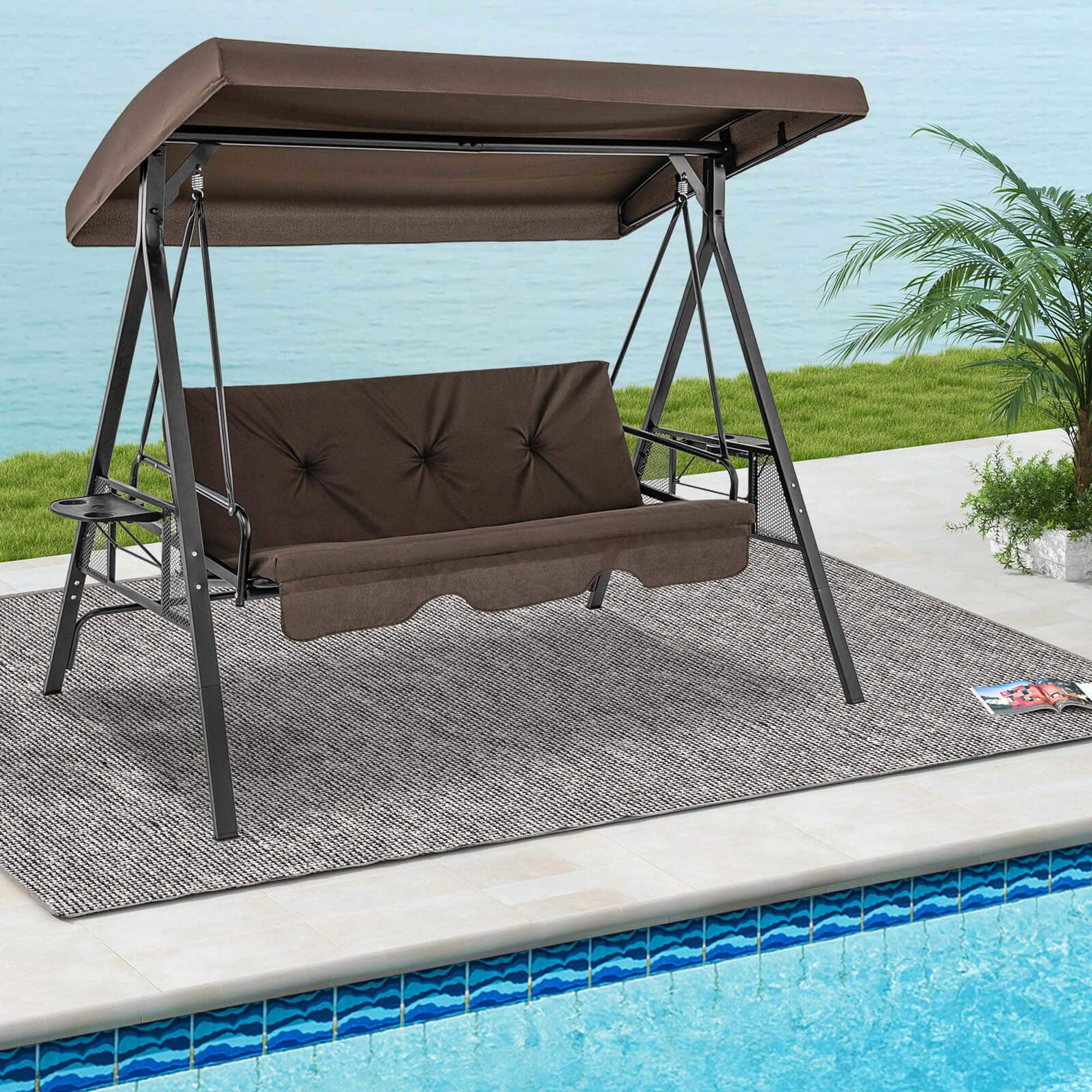 Alt View 1. Costway - 3-Seat Patio Porch Swing with Adjustable Canopy Soft Seat Back Cushions Side Tables - Brown.