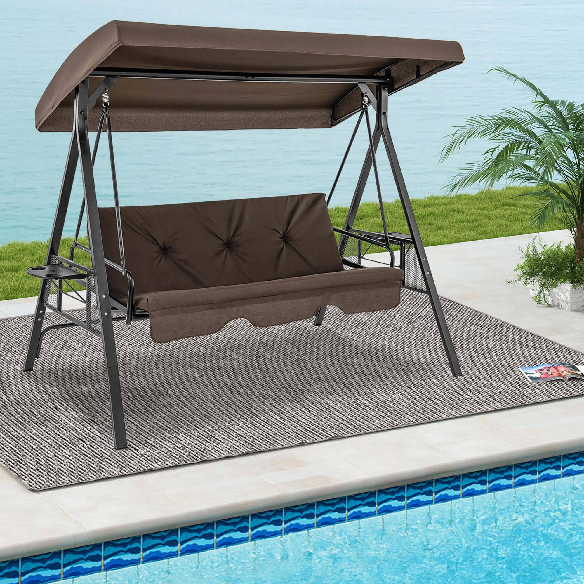 Alt View 1. Costway - 3-Seat Patio Porch Swing with Adjustable Canopy Soft Seat Back Cushions Side Tables - Brown.