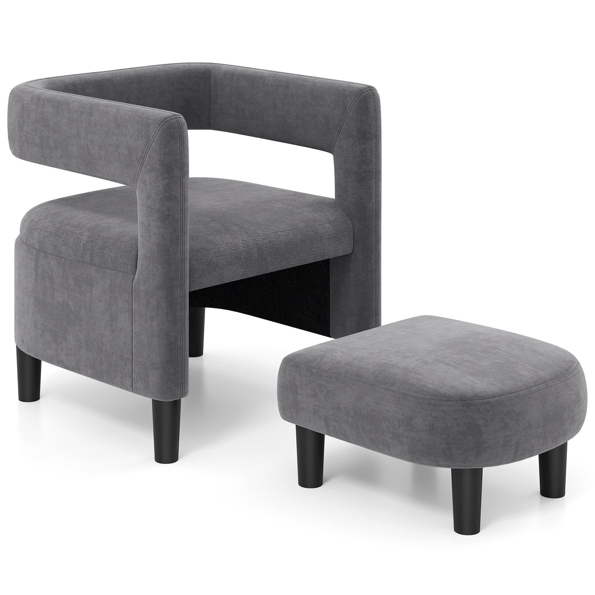 Costway - Comfy Accent Armchair with Footrest Upholstered Velvet Barrel Chair & Ottoman Set - Dark Gray