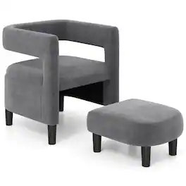 Costway - Comfy Accent Armchair with Footrest Upholstered Velvet Barrel Chair & Ottoman Set - Dark Gray