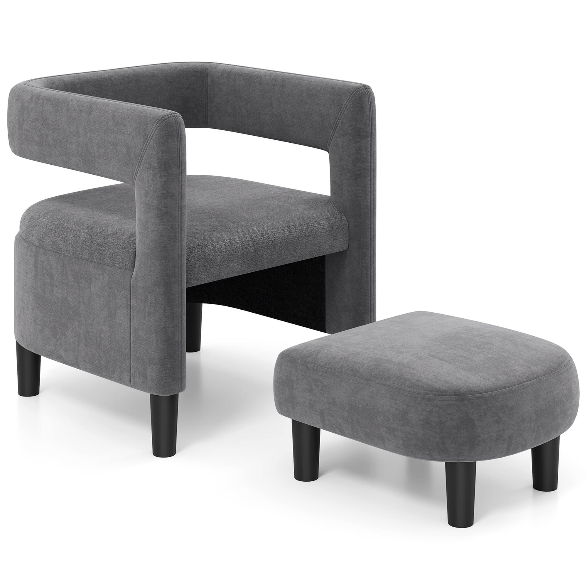 Front. Costway - Costway Comfy Accent Armchair with Footrest Upholstered Velvet Barrel Chair & Ottoman Set - Dark Gray.
