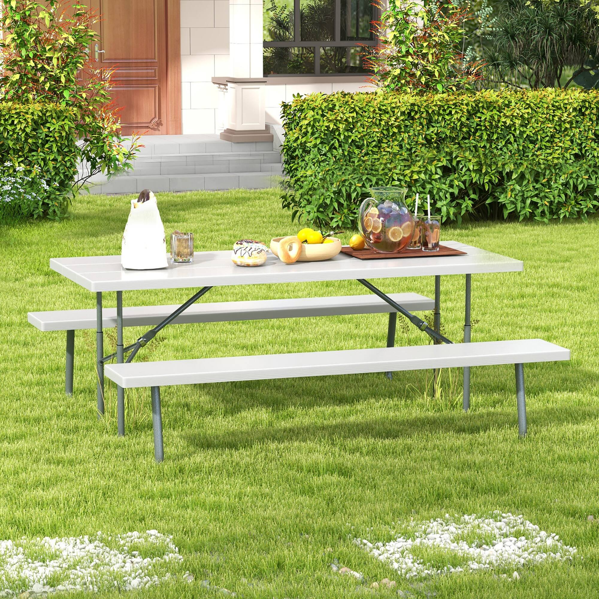 Alt View 1. Gymax - Gymax Folding Picnic Table w/ 2 Benches 6 FT Camping Table Set w/ All-Weather HDPE Tabletop Grey - Grey.