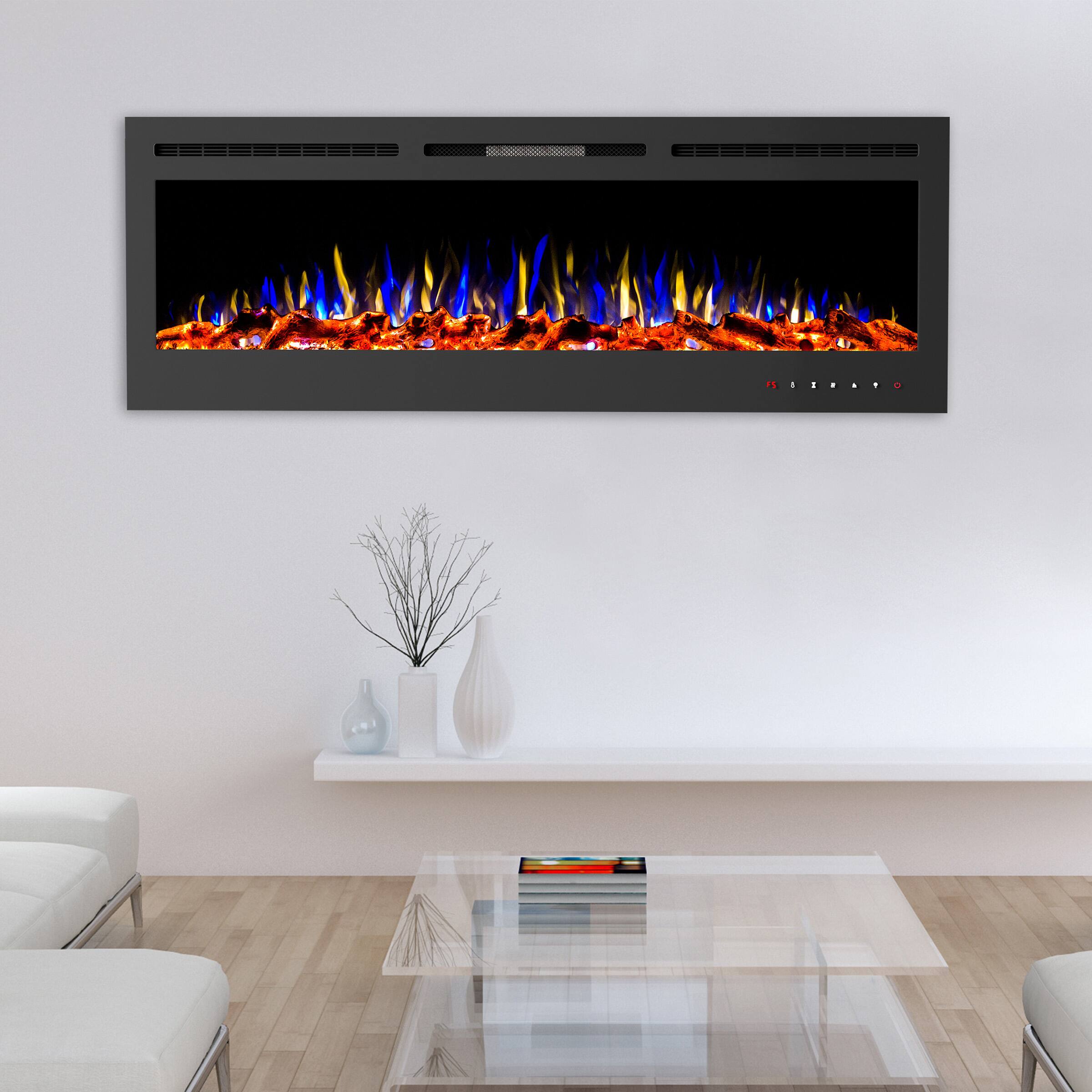 Left. Northwest - 72-Inch Wall Electric Fireplace, Black - Black.