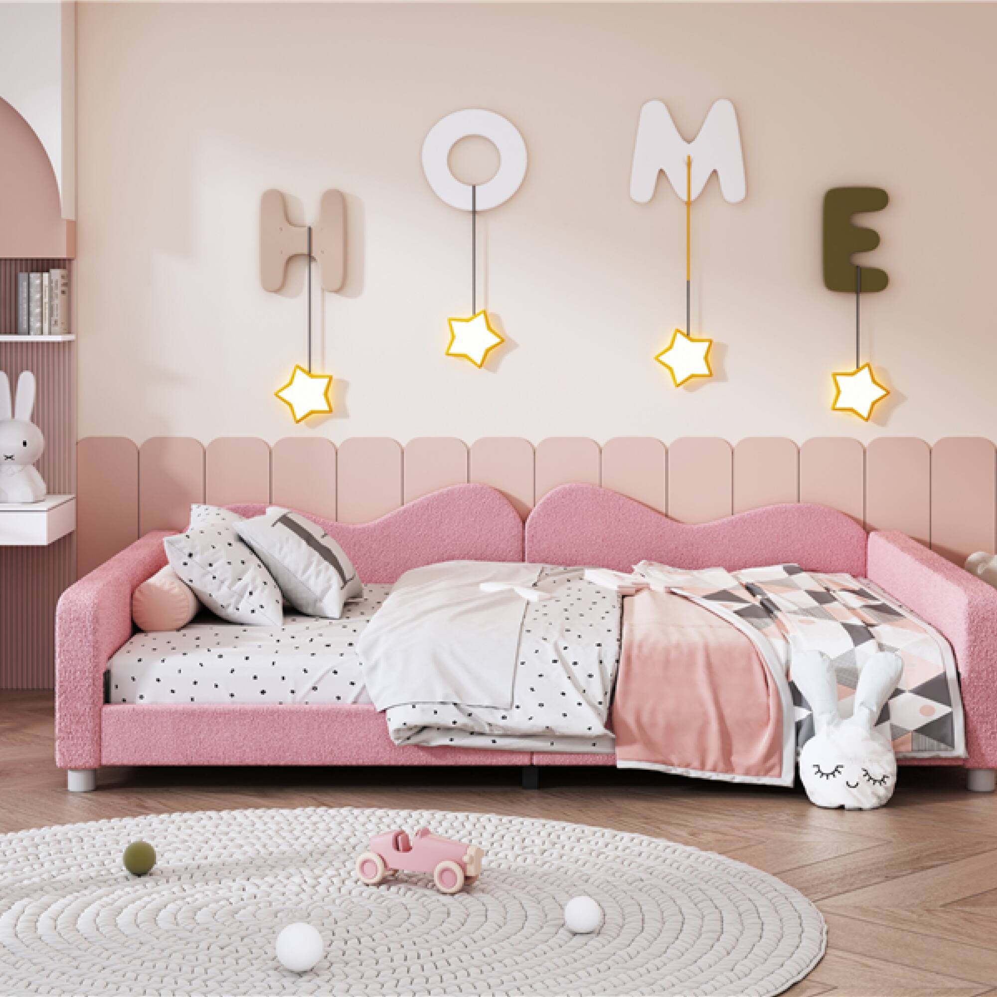 Alt View 6. GOODSILO - Full Size Upholstered Sherpa Fabric Sofabed with Cloud-Shaped Backrest Daybed No Box Spring Needed - Pink.