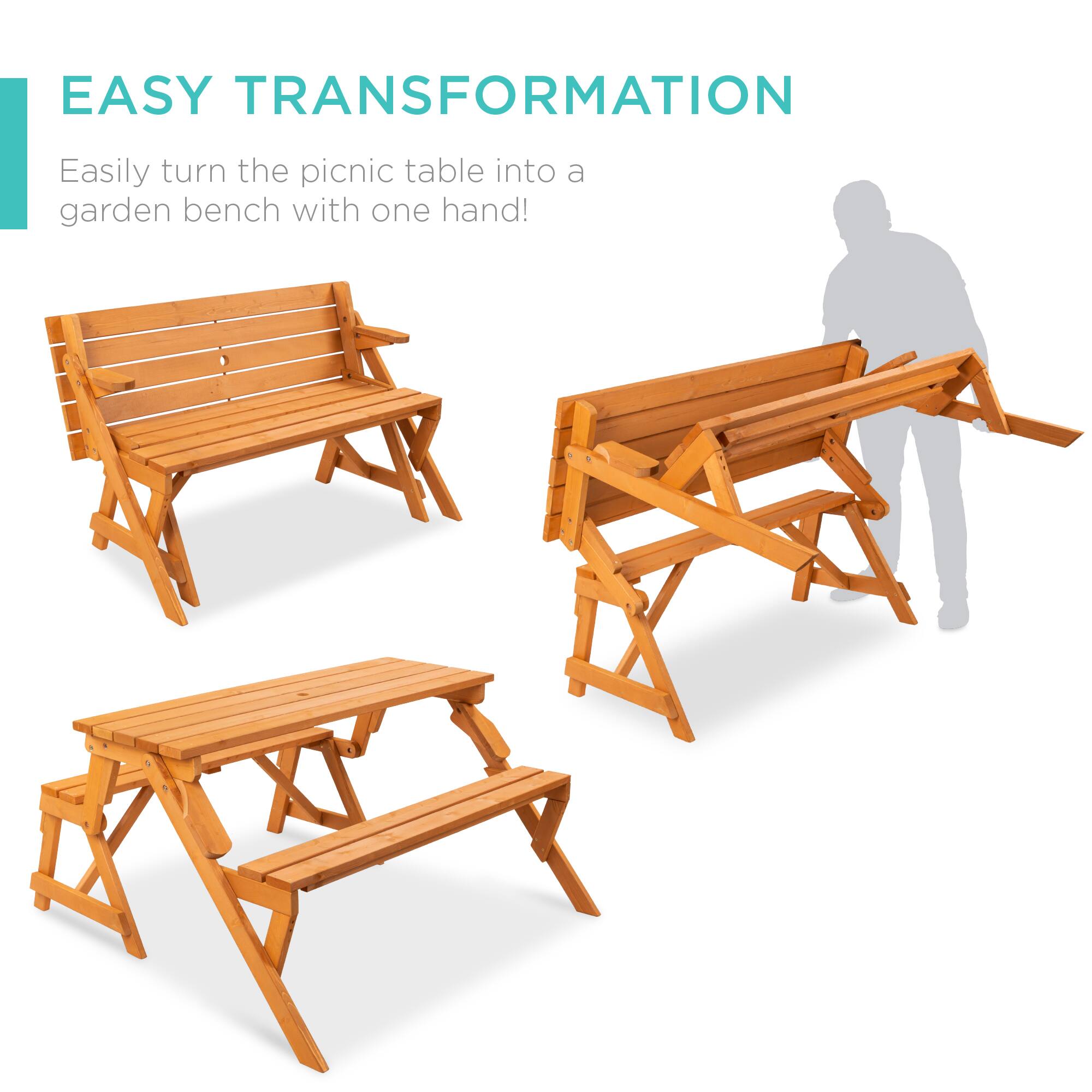 EASY TRANSFORMATION  
Easily turn the picnic table into a garden bench with one hand!