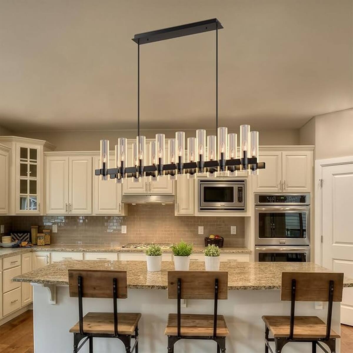 Left. Loheer - Loheer Modern Farmhouse Chandelier with Clear Glass Shades, Matte Black Linear Pendant for Dining Room or Kitchen Island.