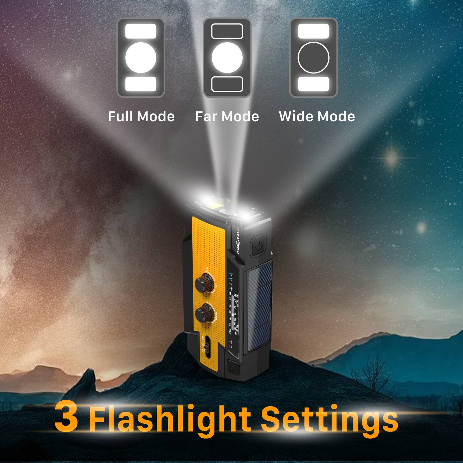 Full Mode, Far Mode, Wide Mode, 3 Flashlight Settings