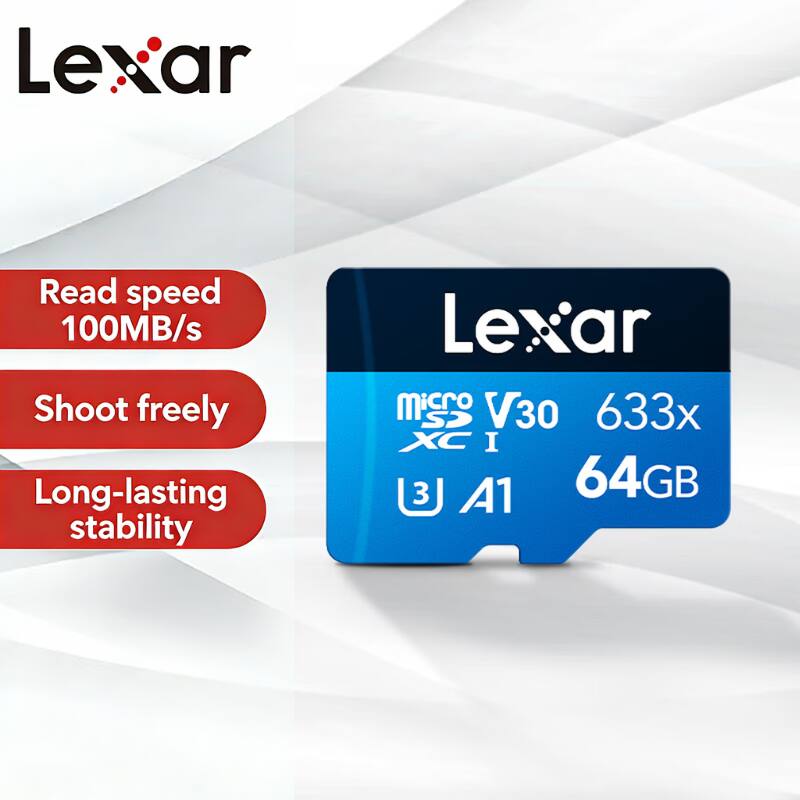 Lexar Read speed 100MB/s Shoot freely Long-lasting stability Lexar Micro SD V30 633x XC I 3 A1 64GB