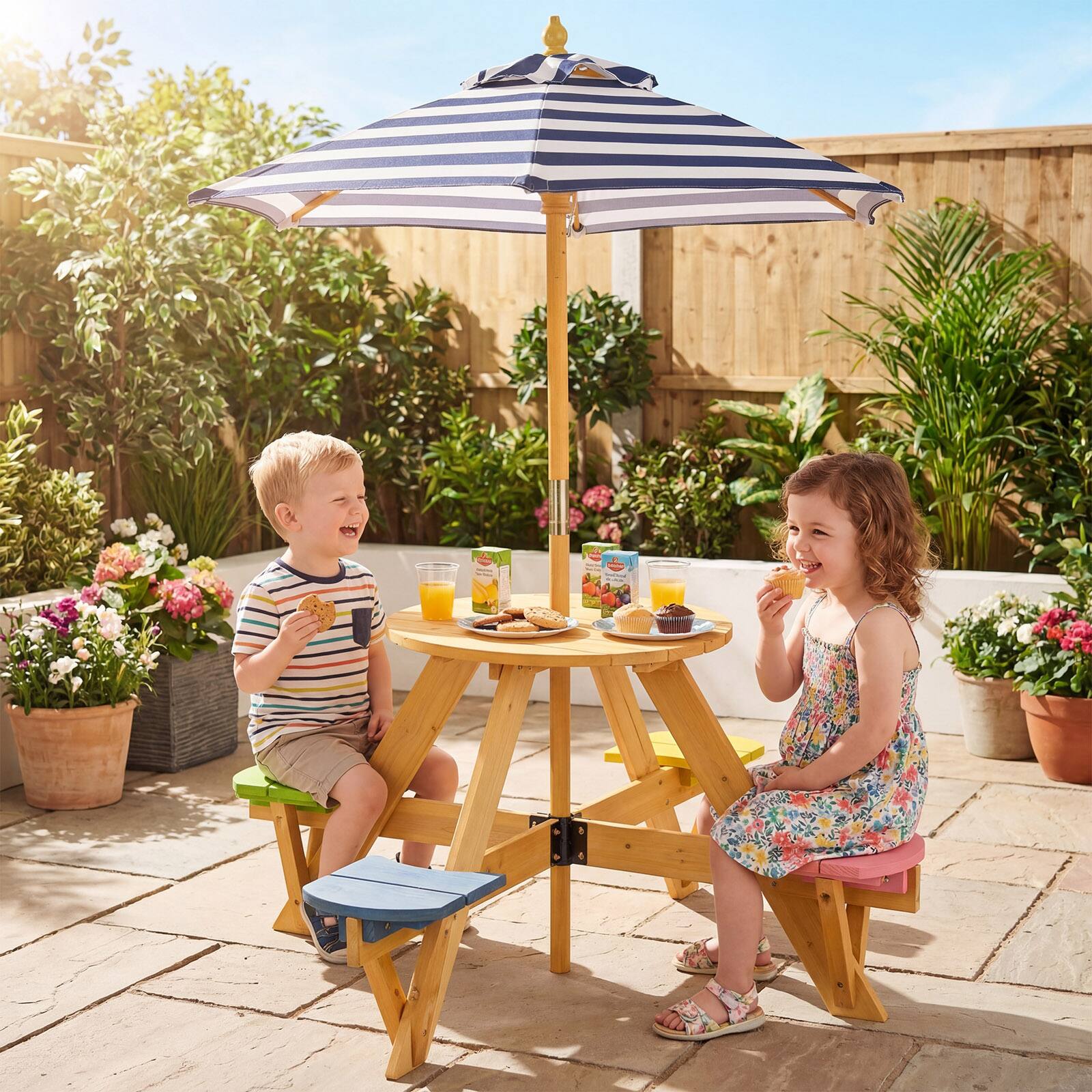 Alt View 4. Gymax - Gymax Kids Picnic Table w/ Stools Wooden Activity Desk Set w/ Foldable Umbrella - Multicolor.